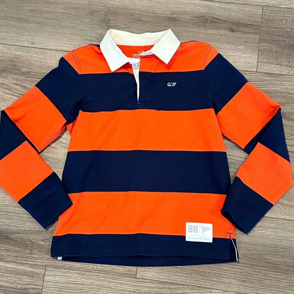 NWOT Vineyard Vines Boys 12-14 Orange and Navy Striped Rugby Long Sleeves Shirt